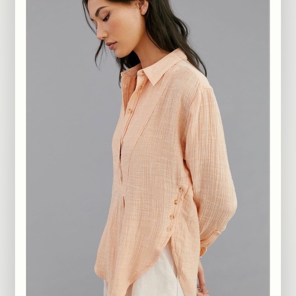 By Anthropologie Boho Gauzy Cotton V-Neck Side Button Popover Shirt Medium - Picture 2 of 14